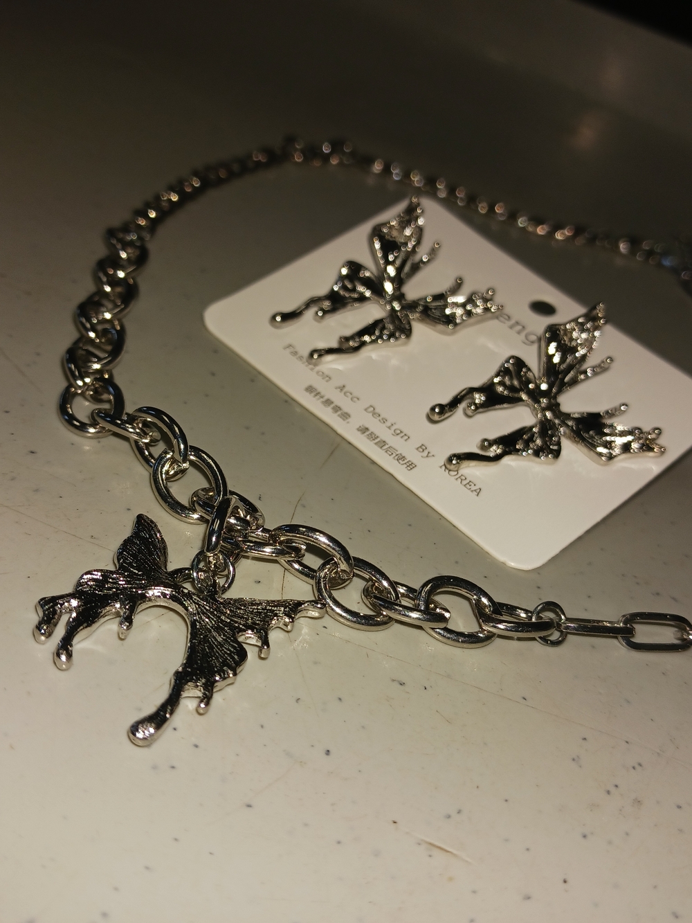 Silver Butterfly Charm Necklace and Earring Set